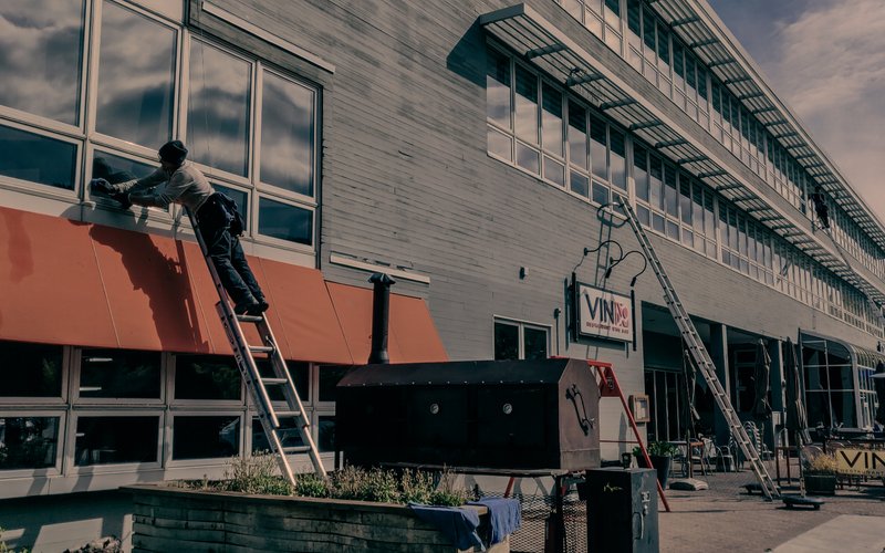 Commercial window cleaning at a mixed-use building in Avon, Colorado.