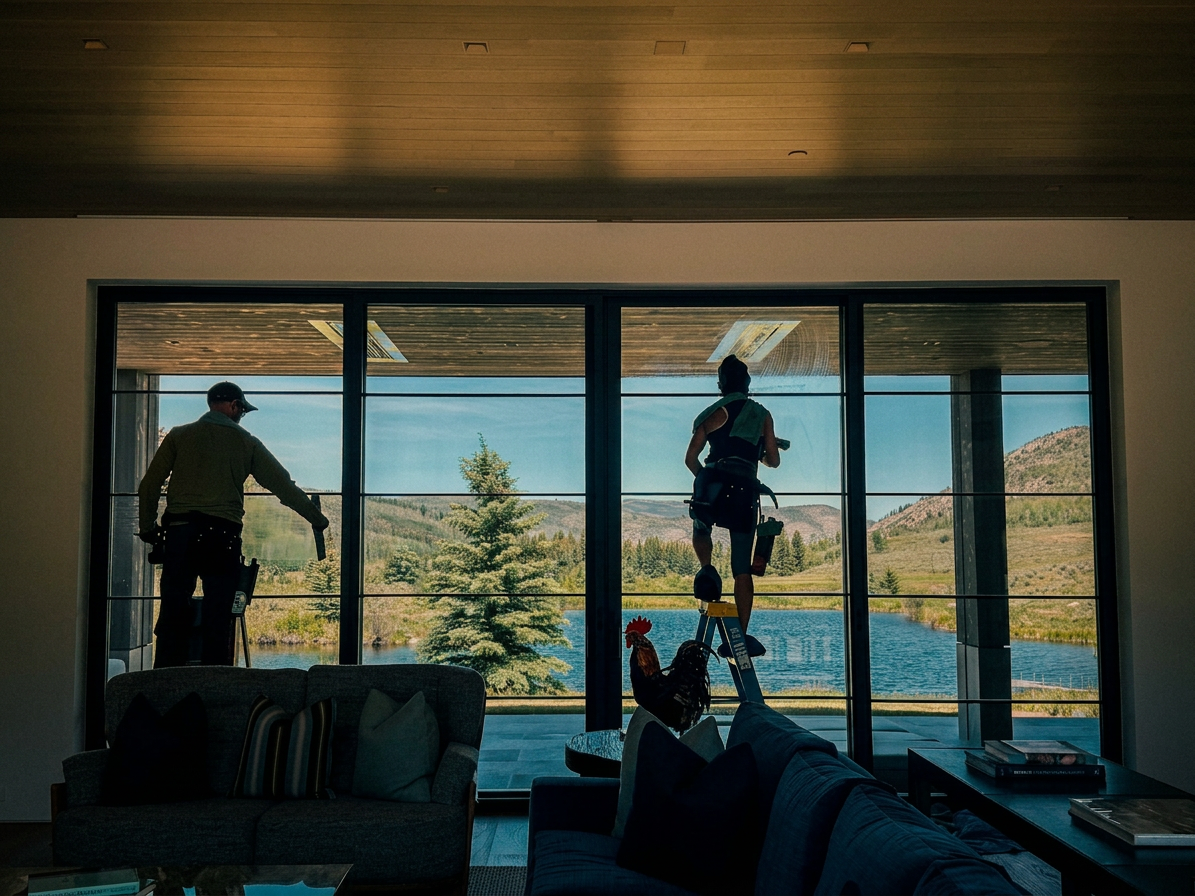 Residential window cleaning on floor-to-ceiling glass in a mountain home in Vail, Colorado