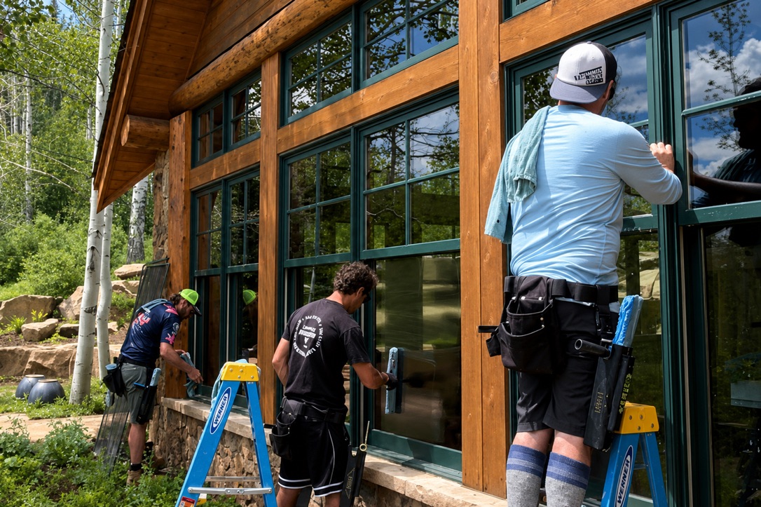 Three Clean Up Group technicians cleaning exterior windows on a timber-frame mountain home in the Vail Valley